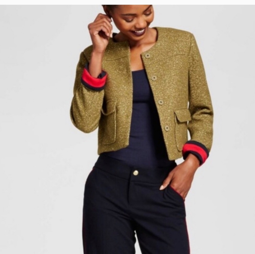 A New Day Olive with Gold Specks Tweed Boyfriend Jacket Blazer. Size 6